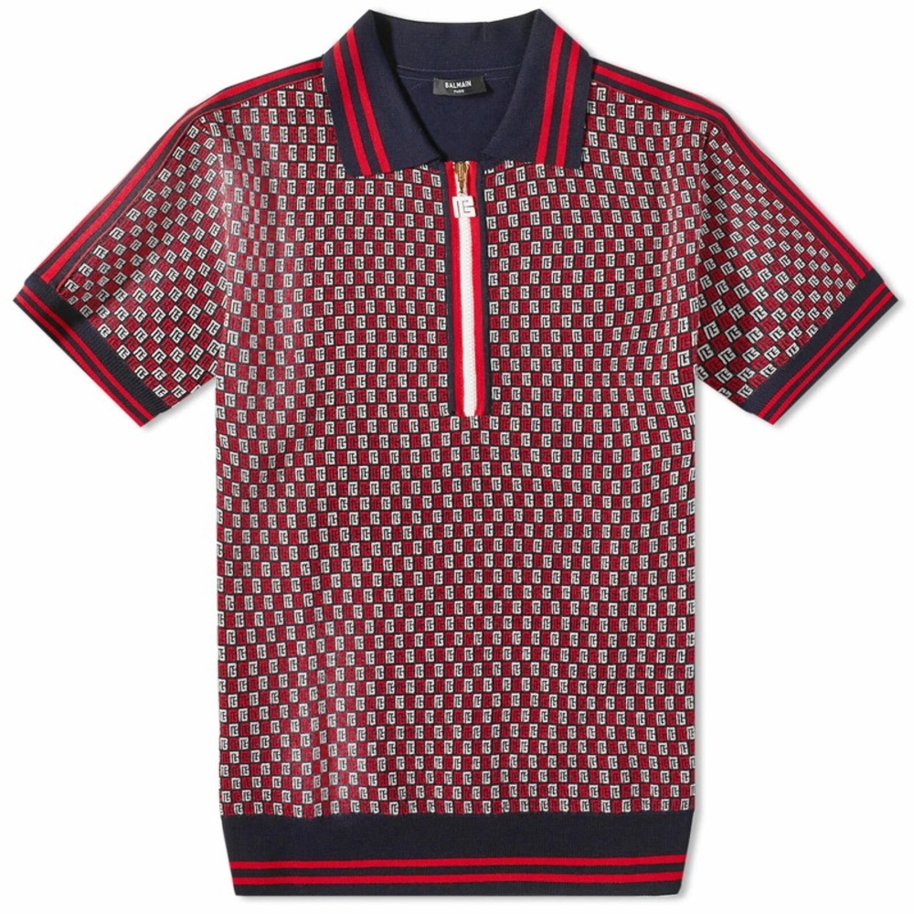 Balmain Monogram Men’s Checkered Wool Polo Red | Size XXL | Never Worn | Rare